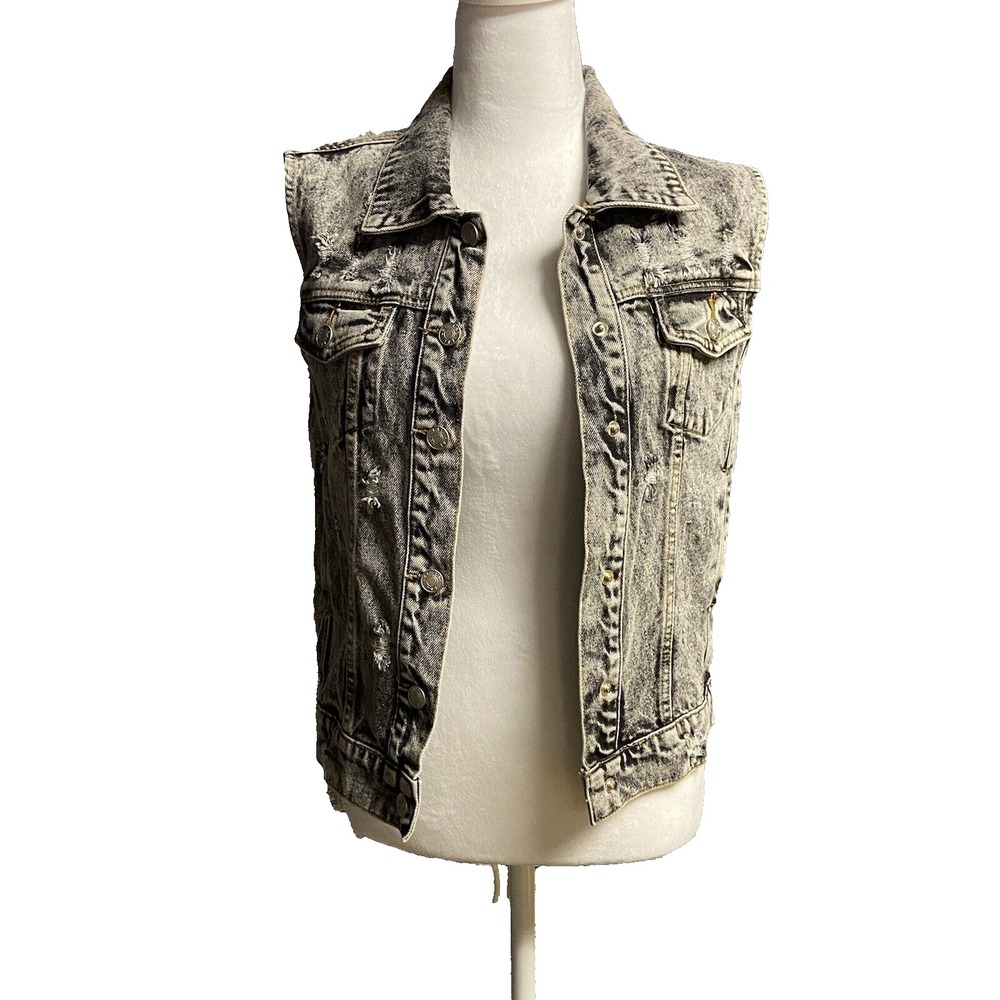 Little & Loved Adult Battle Jacket‎ Small Black Denim Distressed Stone Washed